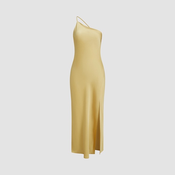 Commense Moonlight Open Back Satin Slit Long Dress Yellow Gold Maxi Sz M - Picture 4 of 12